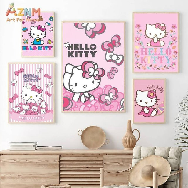 AZNM Hello Kitty Sanrio Leinwand-Wandkunst mit rosa Schleifenblumen-Motiv und Cartoon-Katzen, pinkes Wandgemälde ohne Rahmen - Bild 1