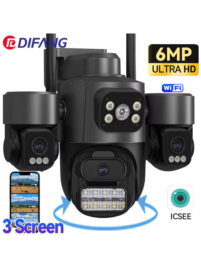DiFang iCsee Outdoor WiFi Überwachungskamera mit drei Objektiven und drei Bildschirmen, PTZ 360° Rotation, Auto Tracking, Wasserdicht, Schwarz - Bild 6
