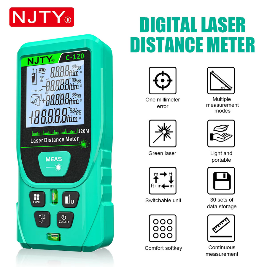 NJTY Digitaler Laser-Entfernungsmesser in Grün mit hintergrundbeleuchtetem Bildschirm und IP54 Wasserschutz - Bild 2