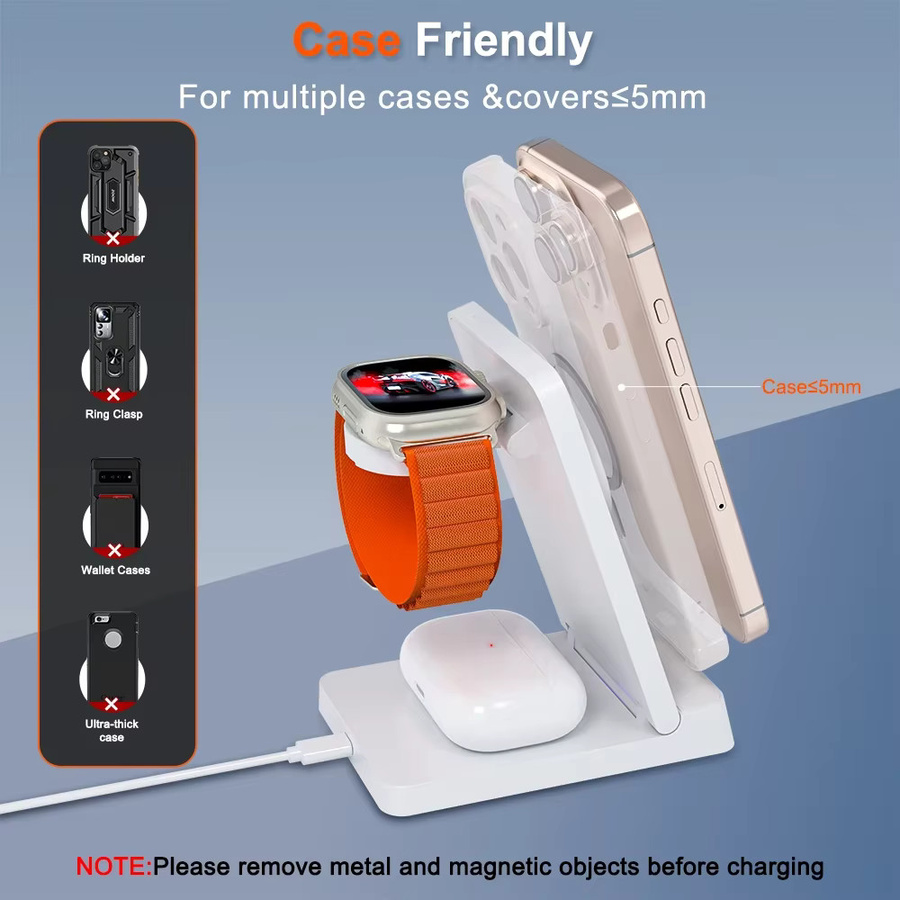 VIKEFON 3-in-1 magnetisches kabelloses Ladegerät, faltbare Schnellladestation für MagSafe iPhone, iWatch und AirPods Pro in Schwarz - Bild 4