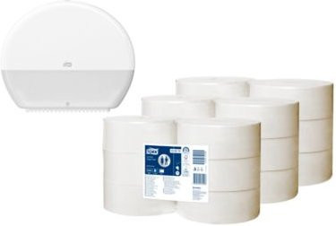 Tork Sparset mit 18 Rollen Jumbo Advanced Toilettenpapier 2-lagig in Weiß und passendem Toilettenpapierspender Jumbo 554000 in Weiß - Bild 1