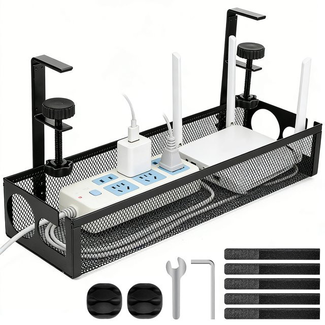 Kabelmanagement-Ablage aus Metall in Schwarz zur Untertischmontage mit Klemmhalterung und 2-Loch-Kabelkorb für Home-Office und Stehpulte - Bild 1