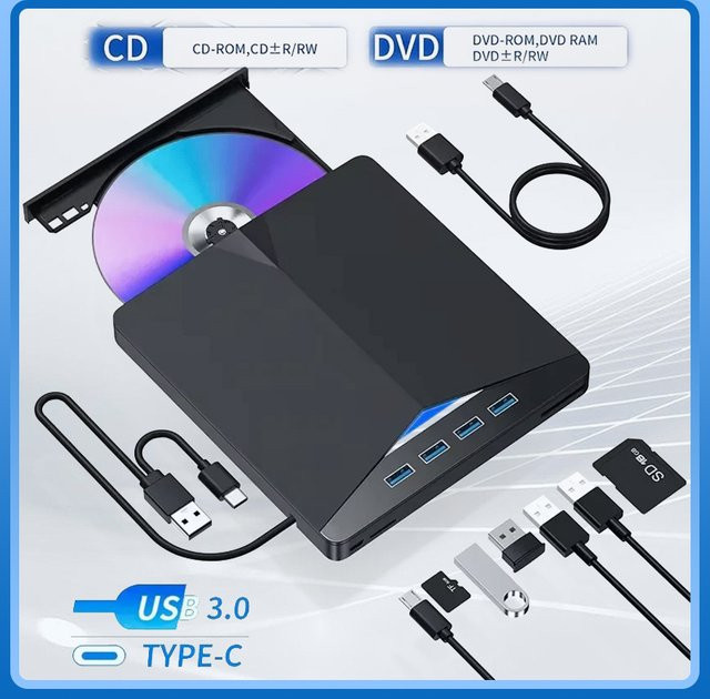 GGBEE 7-in-1 Externes DVD-RW-CD-Laufwerk mit USB-C und USB 3.0, Tragbares Optisches Laufwerk für Laptop und PC, Schwarz - Bild 1