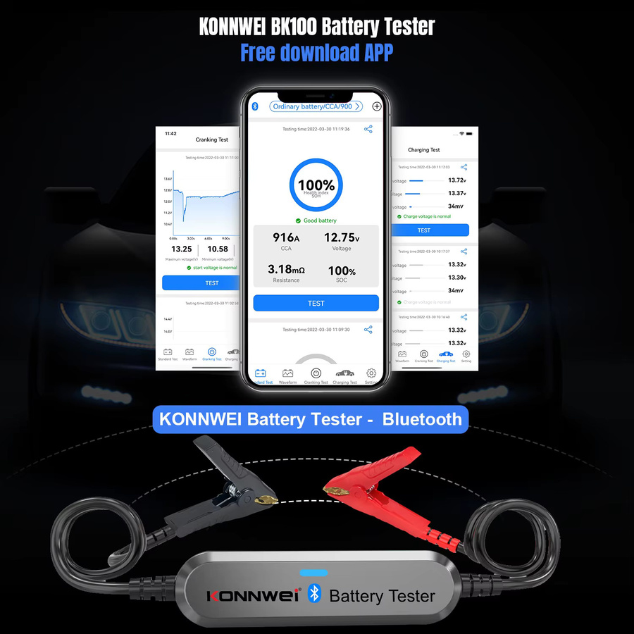 KONNWEI BK100 Bluetooth 5.0 Batterie Tester für Auto und Motorrad 12V mit 100-2000 CCA Monitor in Schwarz - Bild 4