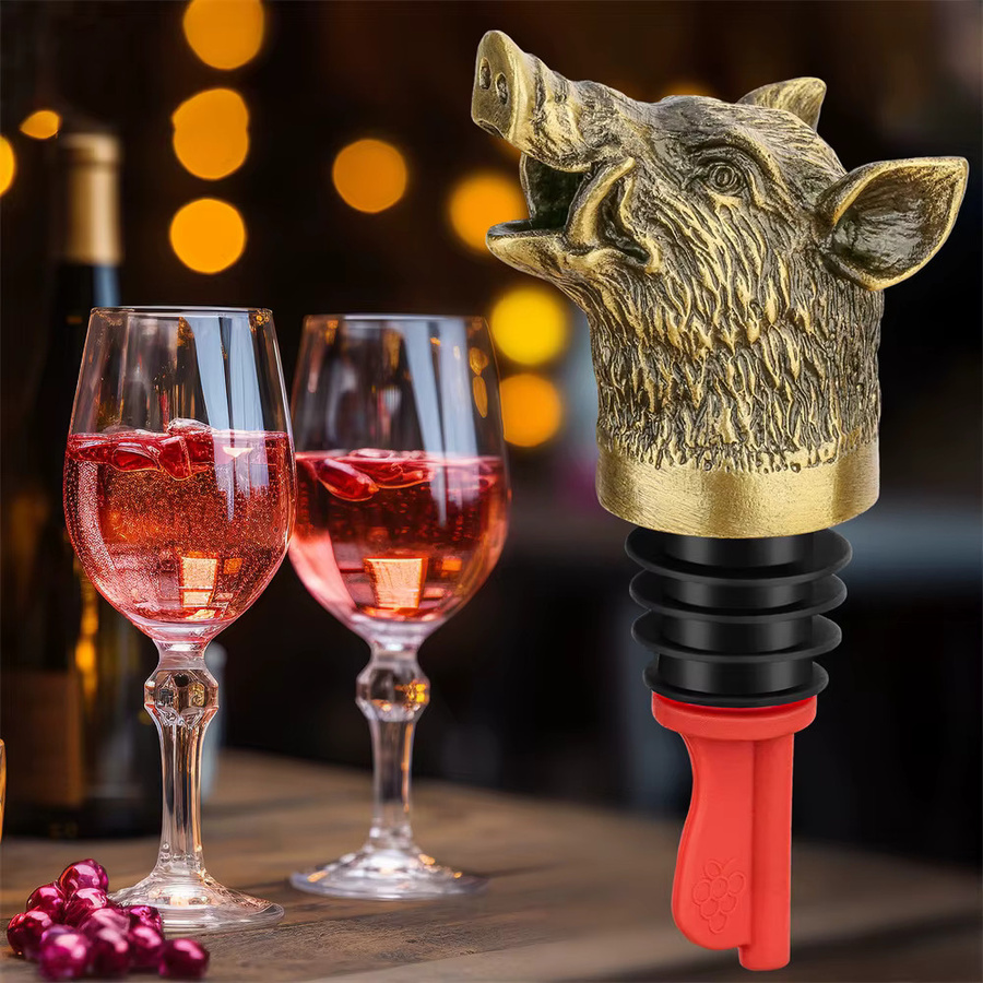 LKKCHER 2-in-1 Weinausgießer und Flaschenverschluss Wildschwein Kopf aus Metall in Bronze, Grau und Schwarz - Bild 3