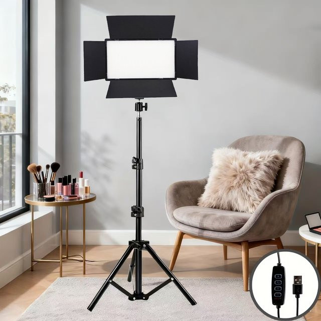Quadratisches 9-Zoll LED-Ringlicht für Video und Fotografie mit 43-Zoll Stativ, USB-Stromversorgung, 3 einstellbaren Lichtfarben und 4-Blatt-Diffusor in Schwarz - Bild 1