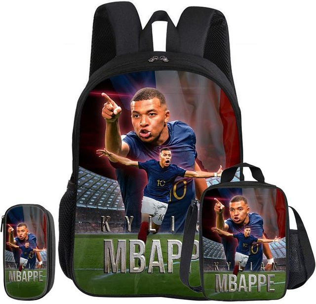 M-Mbappe 3-teiliges Schulset mit Rucksack, Federmäppchen und Brotdose im Fußballstar-Design von Fancy Style Studio, mehrfarbig - Bild 1