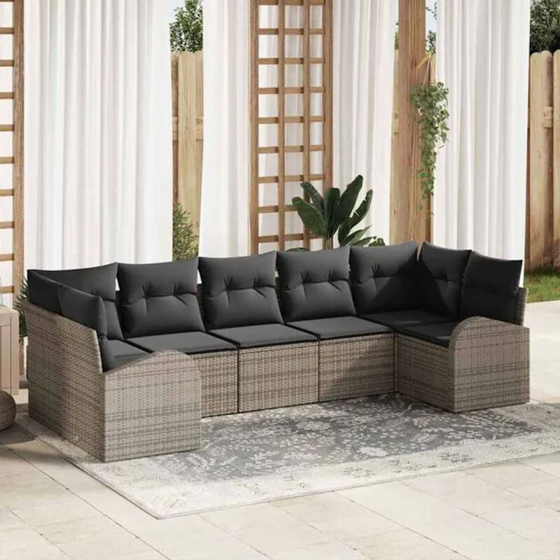 7-teiliges Garten-Sofa-Set aus Poly-Rattan mit Kissen in Grau von vidaxl - Bild 1