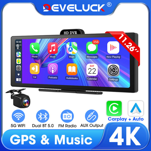 Develuck 4K Auto DVR Multimedia Player mit 11,26 Zoll IPS Touchscreen, Wireless CarPlay und Android Auto, Bluetooth, FM und AUX, Schwarz - Bild 1