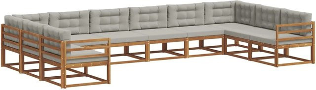 vidaXL Outdoor-Sofagarnitur aus massivem Akazienholz in U-Form, 10-teiliges Set in Natur und Hellgrau mit wetterfesten Kissen - Bild 1
