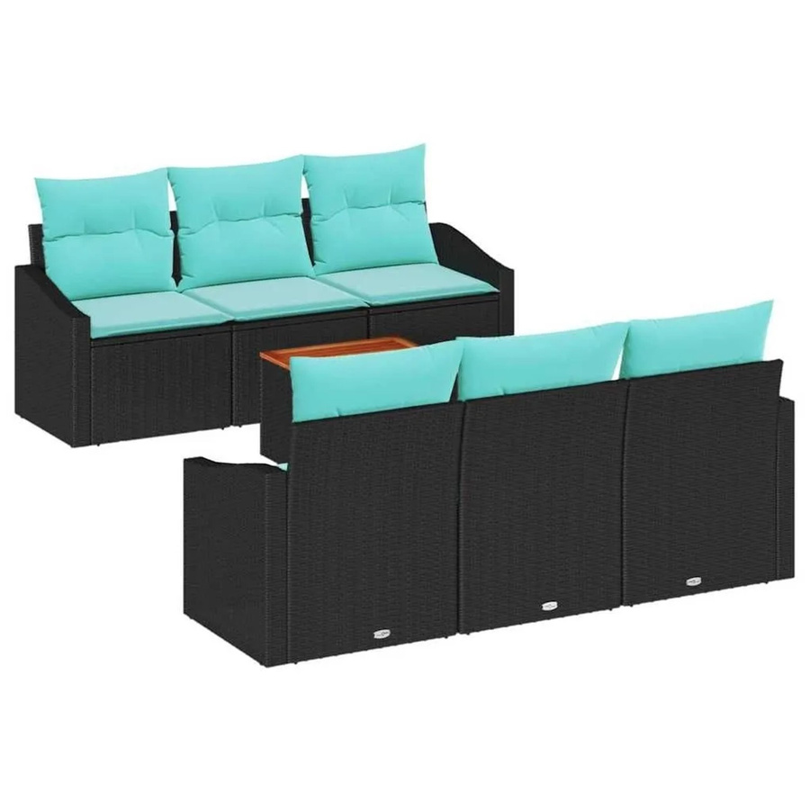 7-teiliges vidaXL Gartensofa-Set aus Poly-Rattan und Akazienholz in Schwarz mit Kissen und Tisch - Bild 2