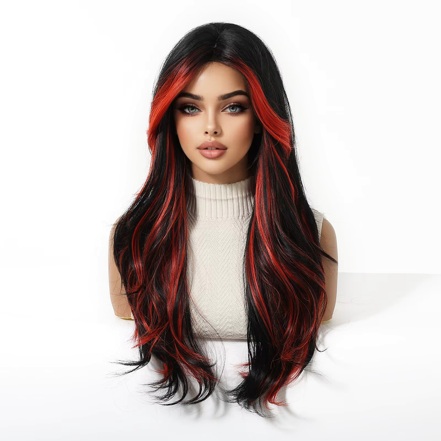 Blonde Unicorn Perücke, Damen, Rote bis schwarze Ombre-geschichtete lange gewellte synthetische Perücke mit Vorhang-Pony und roten Highlights, hitzebeständig - Bild 3