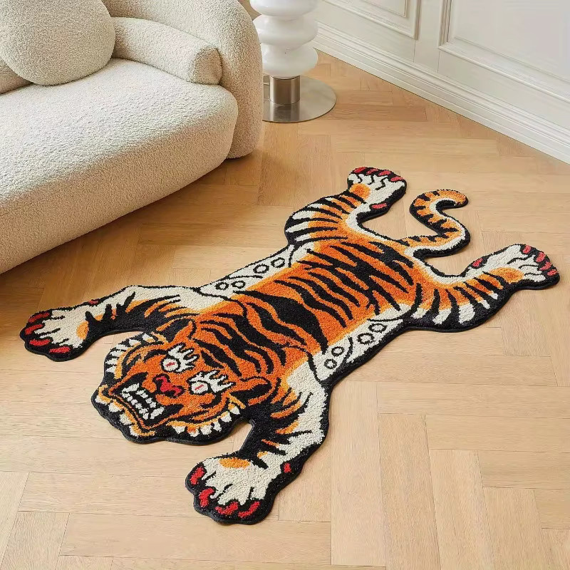 VIKAMA Vintage-Plüschteppich im amerikanischen Stil mit Tiger-Design in Orange und Schwarz, B: 120 cm, T: 80 cm, H: 1 cm - Bild 2