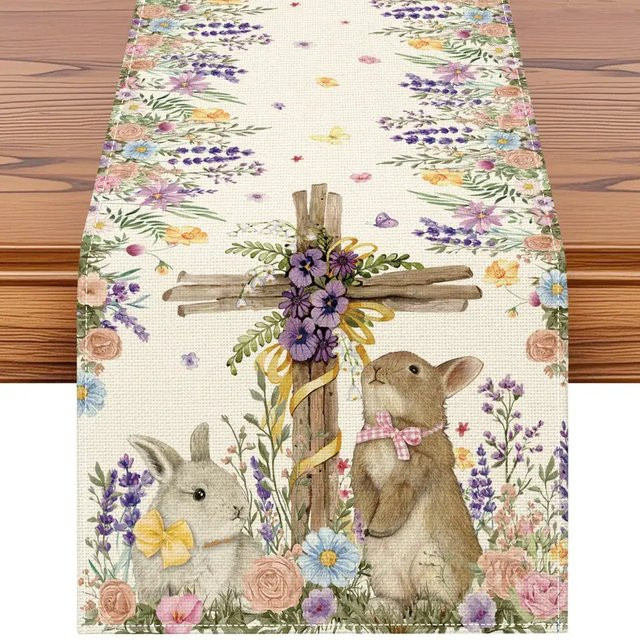 VIKAMA Tischläufer aus Leinen mit Blumenmotiv für Frühling, Sommer und Ostern, Mehrfarbig, B/H: 90,0 x 33,0 cm - Bild 1