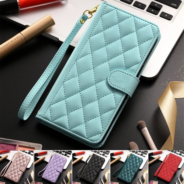 Kariertes Leder Flip Case Wallet Phone Cover für Realme in Purple - Bild 1