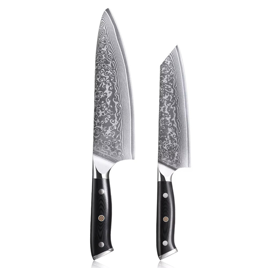 DASHWAY 2er-Set professionelle japanische Küchenmesser aus 67-lagigem Damaststahl, Bunka und Kiritsuke, Farbe: Silber - Bild 7