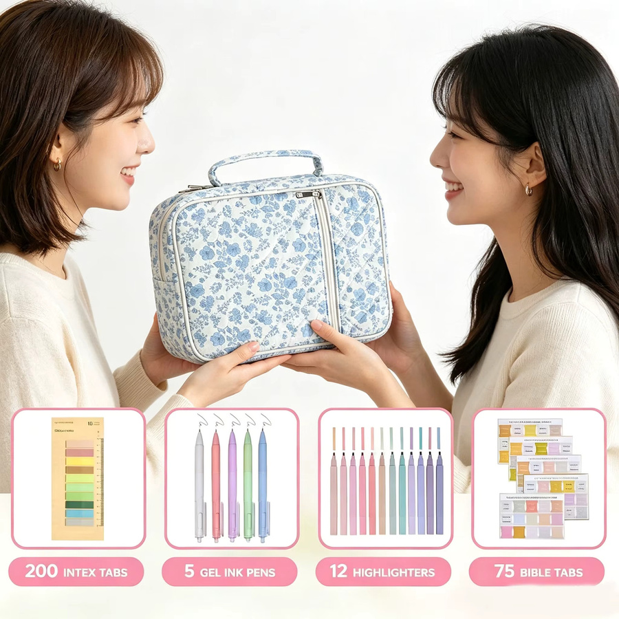 Blumen-Bibelstudien-Taschenset in Blau mit Textmarkern, Gelstiften und Index-Tabs als tragbares All-in-One-Bibeljournal - Bild 2