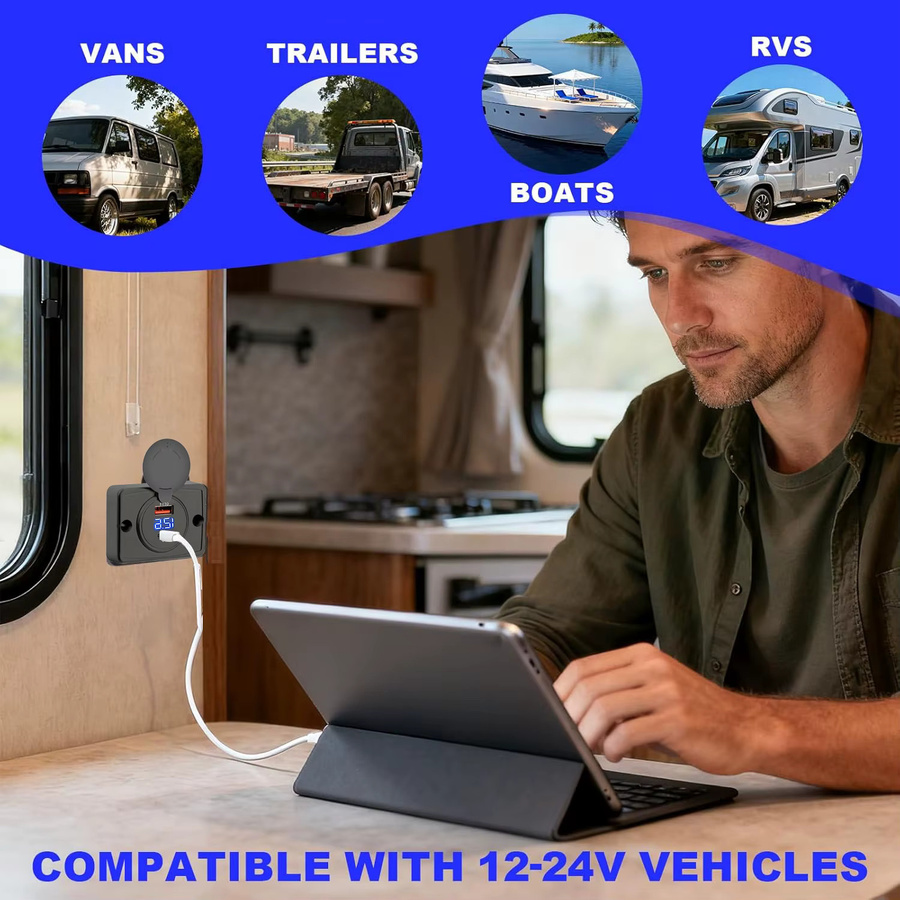 Kebidumei USB-Autoladegerät mit 2 Ports PD und QC 3.0, USB-C Schnellladebuchse und wasserdichter Schiebekappe, Schwarz, für 12 V/24 V Auto und Boot - Bild 2