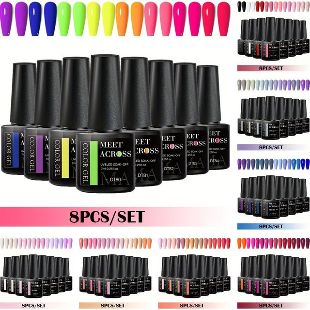 MEET ACROSS Gel-Nagellack-Set, 7-teilig, Nude Rosa Neonfarben, Glänzend - Bild 1