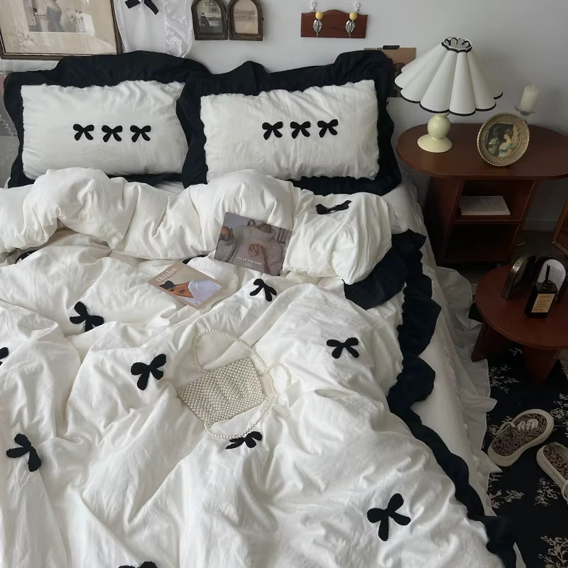 Gooogos Bettwäsche Set Koreanischer Prinzessin Stil Kawaii Schwarz mit Schleife, 3-teilig, B/T/H: 150 x 200 cm - Bild 2