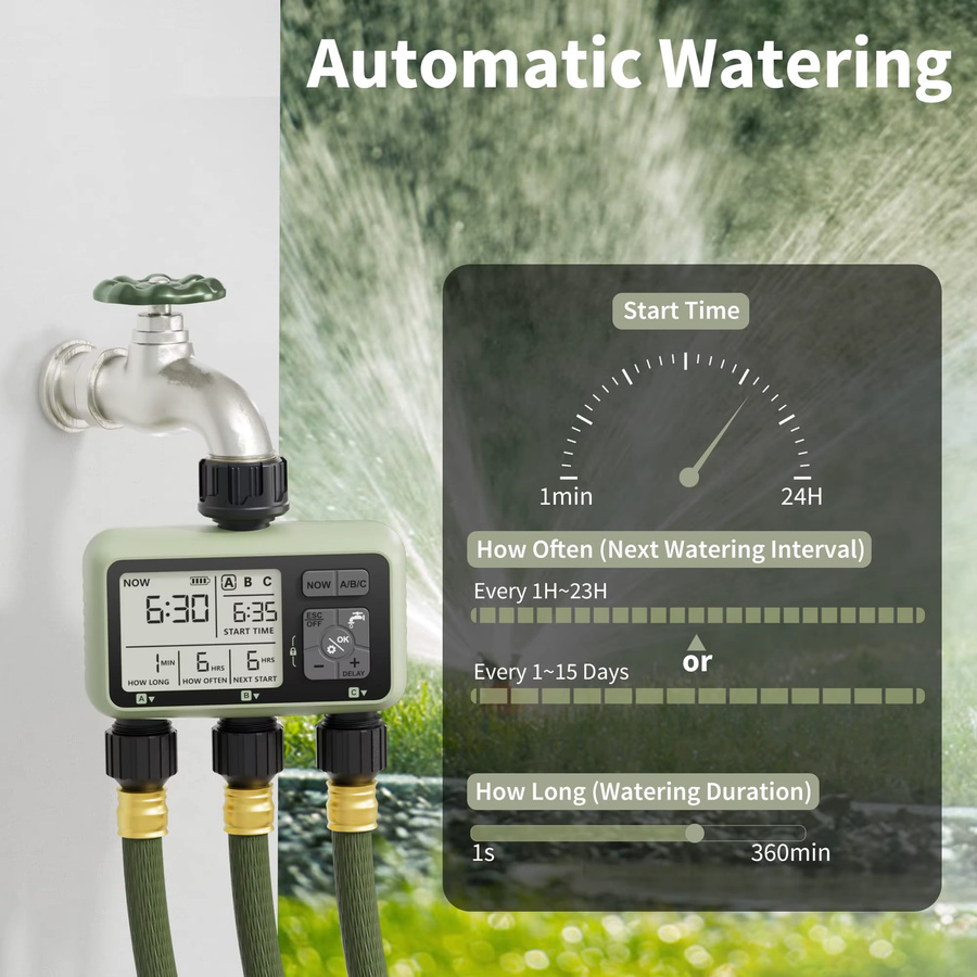 Diivoo Gartenwasser-Timer mit programmierbarer 3-Zonen-Bewässerung und Regenverzögerung für Rasen und Hof - Bild 2