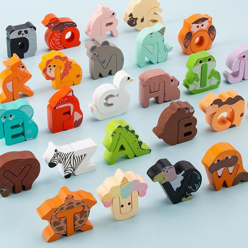 Bai Fen Bai dolls and toys Holz Kinder Cartoon Tiere 26 Englische Buchstaben Puzzle Baustein Spielzeug, bunt/mehrfarbig - Bild 2