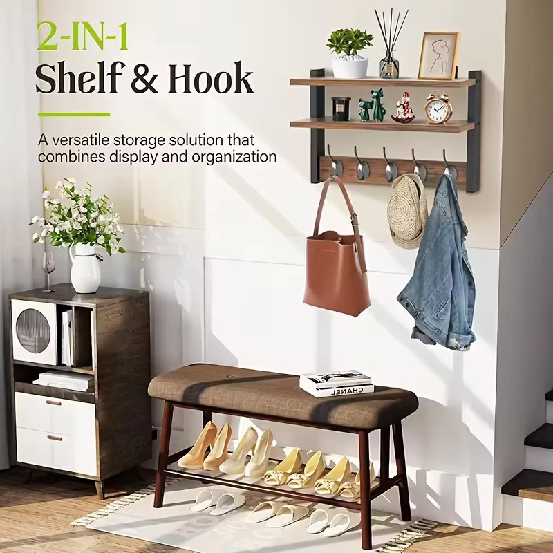 QUHE Schwebendes Wandregal mit 5 Haken in Industrial Design, Holz braun matt - Bild 2