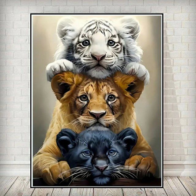 Potdemiel Diamond Painting Set Tiger und Löwe Motiv mit runden Diamanten in Multicolor als DIY Kreuzstich Stickerei Kit - Bild 1