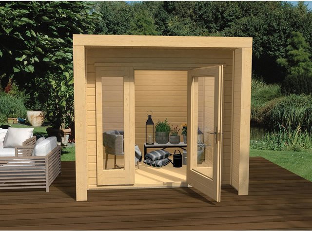 WEKA Gartenhaus Design 263 aus Massivholz in Beige mit Flachdach und Vordach B/H/T: 245 x 227 x 235 cm - Bild 1