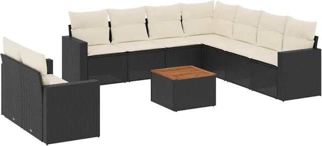 vidaXL 10-tlg. Garten-Sofagarnitur in L-Form aus Polyrattan und Akazienholz mit Kissen in Schwarz-Creme - Bild 1