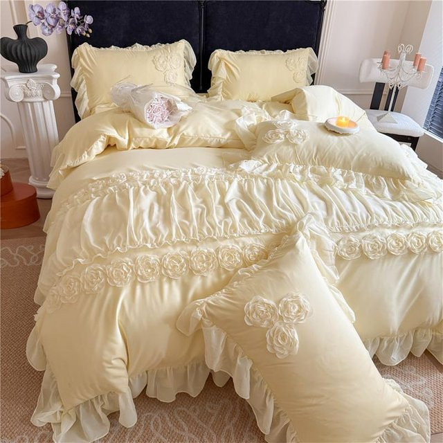 4-teiliges Bettwäscheset Bin Chi Textiles im koreanischen Prinzessinnenstil mit Blumen, Spitze und Rüschen in Gelb, B/H: 150 x 200 cm - Bild 1