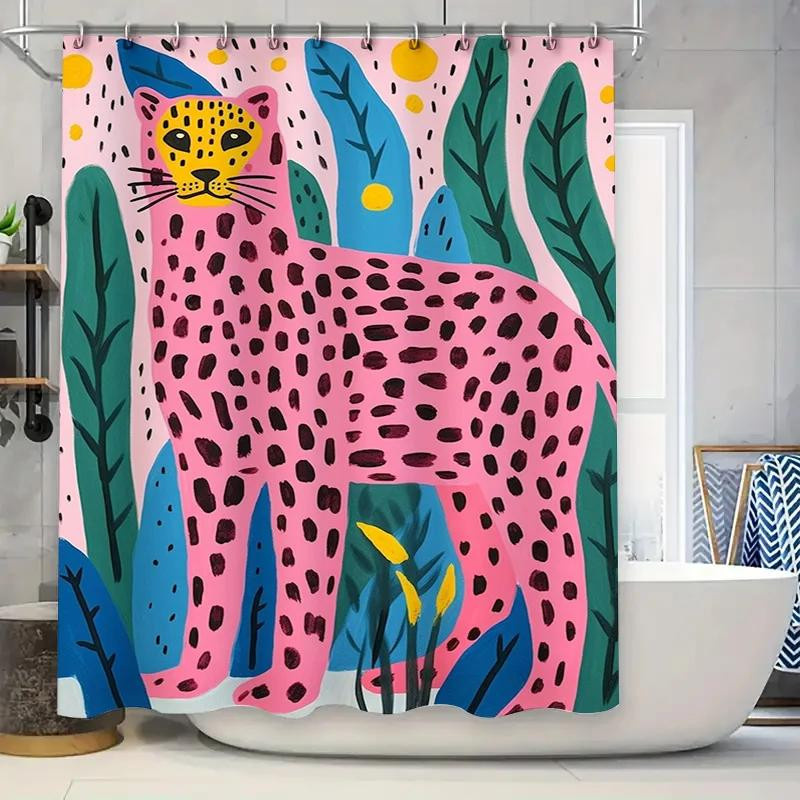 Wasserdichter Duschvorhang mit Leopardendesign in Pink und Grün, B/H: 90 x 180 cm - Bild 3