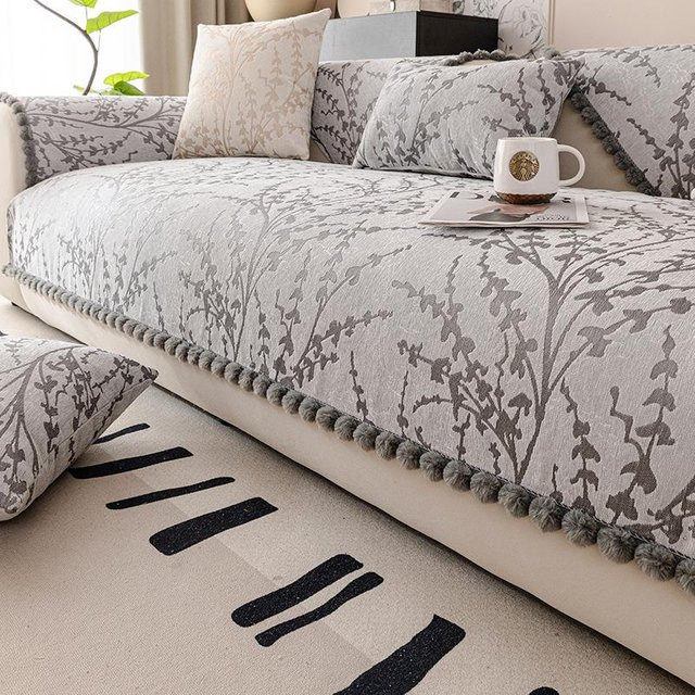 Super Six Jacquard Chenille Sofabezug mit Pomponkante in Grau, rutschfeste Sofakissenmatte mit floralem Design, 70 x 70 cm - Bild 1