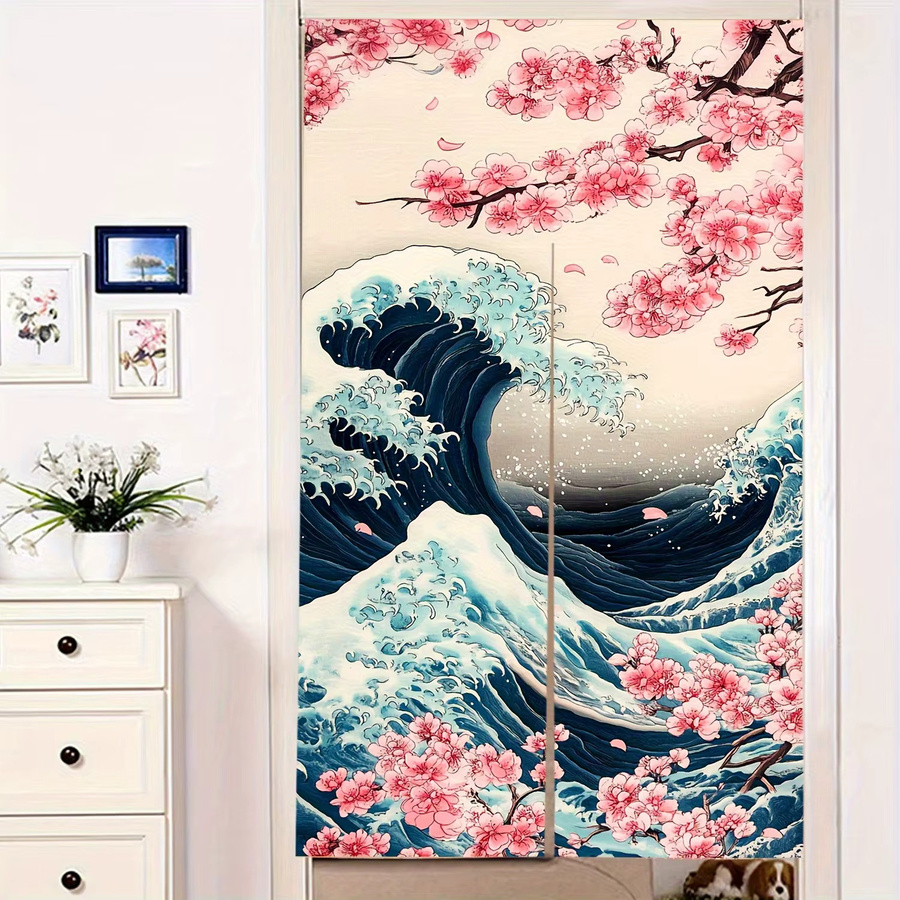 VIKAMA Nagawa Surfing Türvorhang mit rosa Kirschblüten Design, floraler Halbvorhang für Küche, Badezimmer oder Schlafzimmer, Farbe: Pink - Bild 3
