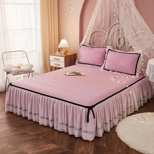 Elastisches Spannbettlaken mit Spitzensaum in Pink, B/T: 100 x 200 cm - Bild 1