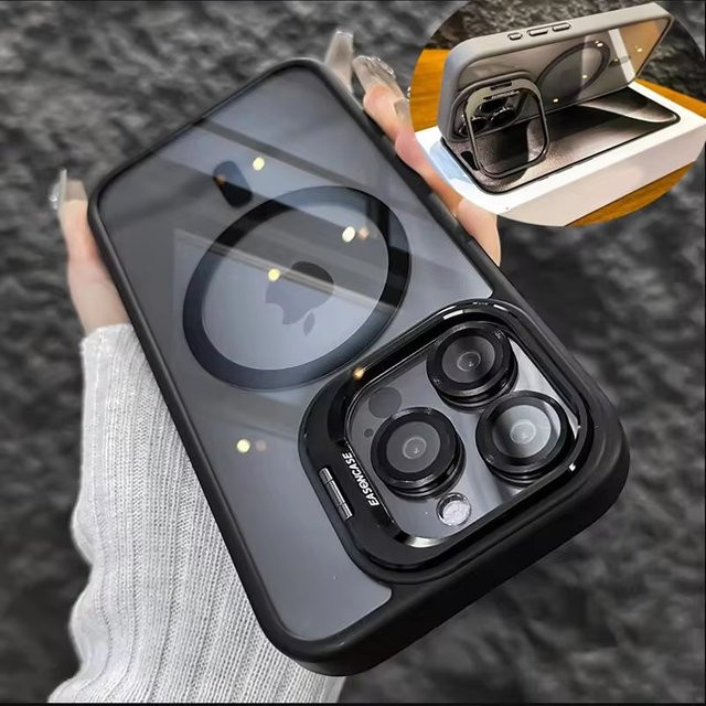 EIENACOCO Magnetische Stoßfeste Handyhülle für iPhone 17 16 15 14 13 12 Pro Max mit MagSafe, Standfunktion und Glaslinsenschutz in Grau - Bild 1