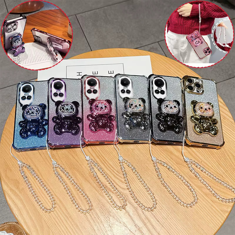 Stoßfeste Handyhülle für Oppo Reno10 Reno 10 Pro Plus mit 3D-Bärenständer, Glitzer und Kristallketten-Lanyard in Pink - Bild 2