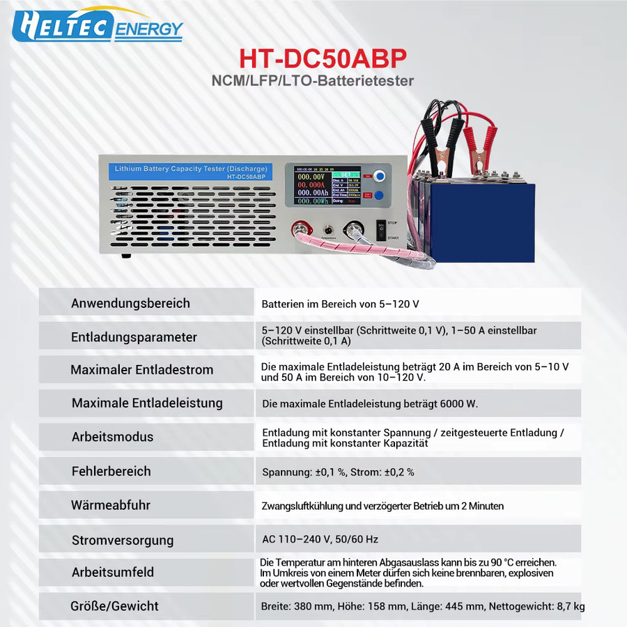 Heltec Batteriekapazitätsanalysator HT-DC50ABP HT-CC50ABP in Silber mit einstellbarem Strom 1-50A und 5-120V für Lithium-Blei-Säure, LiFePO4, NCM und Ni-MH Batterien - Bild 2
