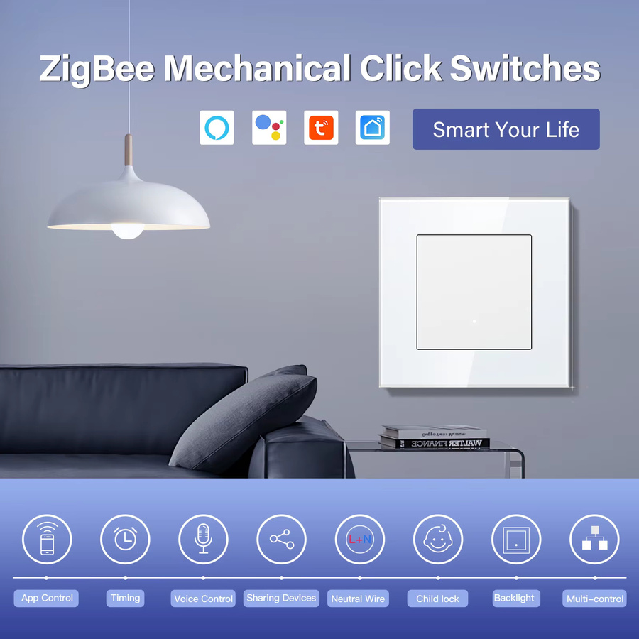 BSEED Zigbee Smart Click Button Schalter mit EU-Buchse und Glasfront in Weiß, kompatibel mit Tuya Smart Life und Alexa - Bild 2