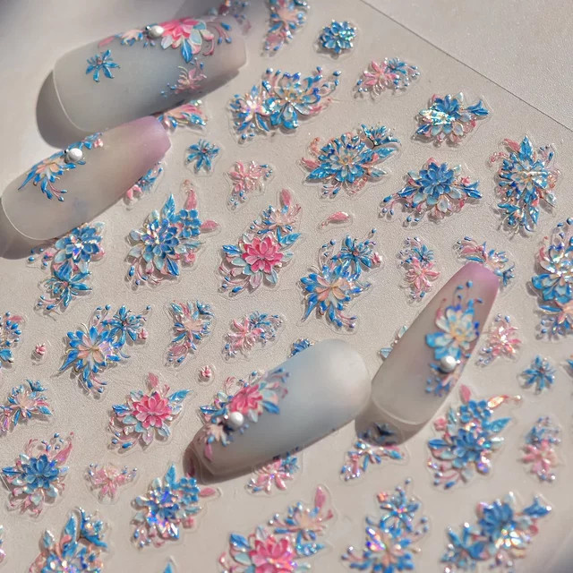 5D Perlenblume Nail Art Aufkleber, glänzend, Rosa, Blau, Unisex - Bild 1