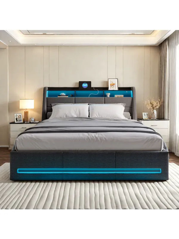 Rosahqnda Polsterbett in Grau mit LED-Kopfteil, USB-Anschluss und hydraulischem Stauraum, B/T: 160 x 200 cm - Bild 6