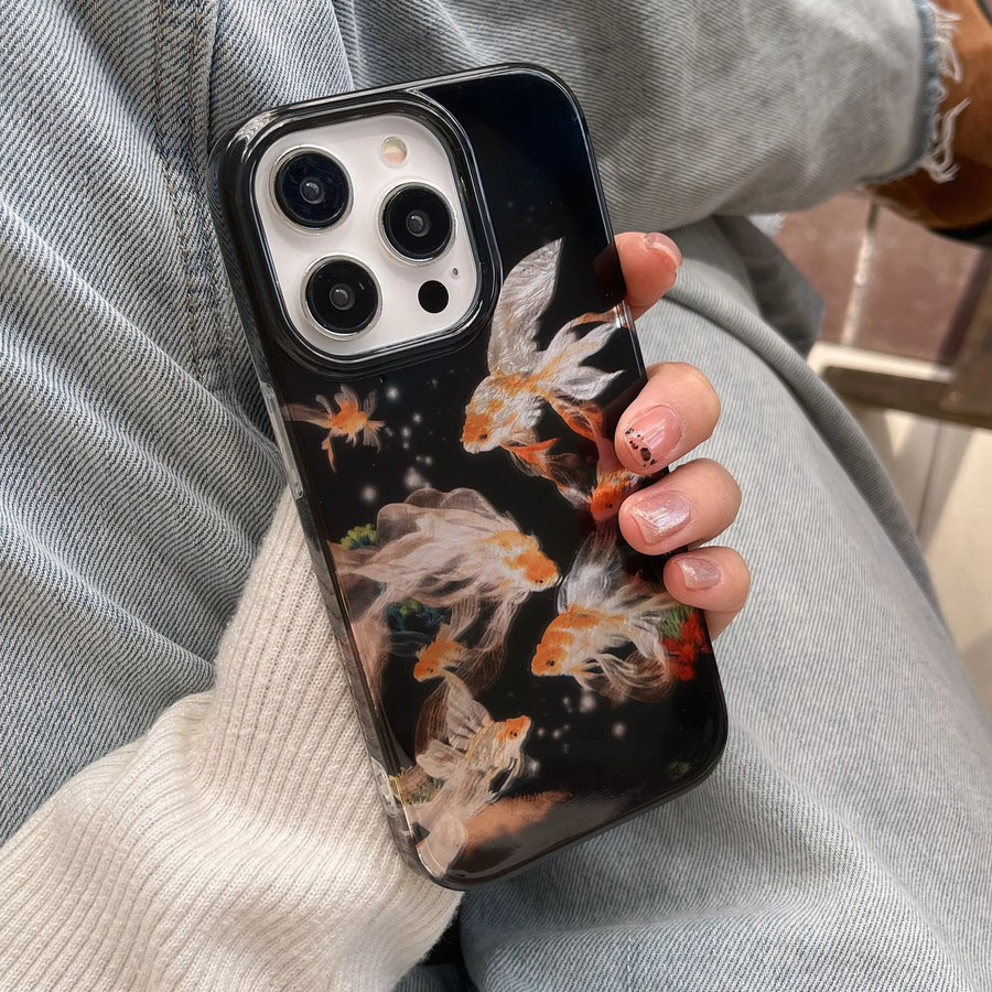 Luckly Koi Goldfish Schutzhülle mit Glanz-Effekt und Gletscher-Textur für iPhone 12 13 14 15 16 17 Pro Max in Schwarz und Lila - Bild 2