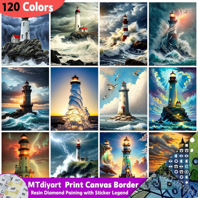 MTdiyart Diamond Painting Set Landschaft mit Leuchtturm und Sonnenuntergang, Leinwand mit 120 Farben und Aufklebern, Mehrfarbig - Bild 1