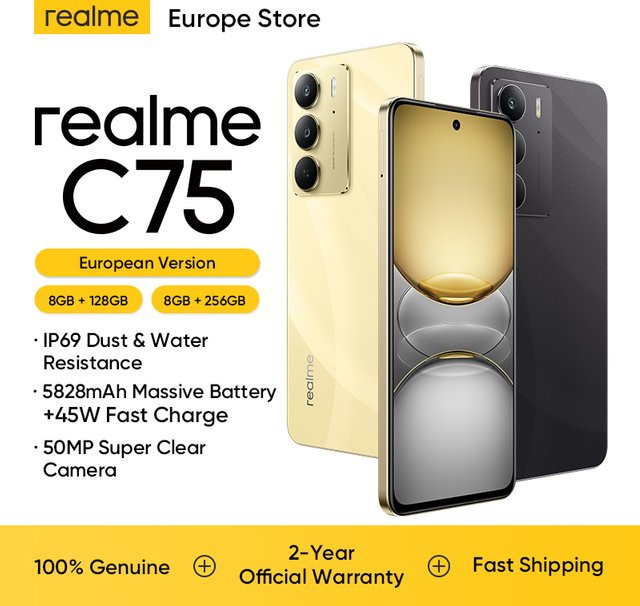 realme C75 4G Smartphone Europäische Version in Schwarz mit Helio G92 Max Chipsatz, 5828mAh Akku, 90Hz FHD Display, 50MP AI-Kamera, 45W Ladung und NFC, 256 GB Speicher - Bild 1