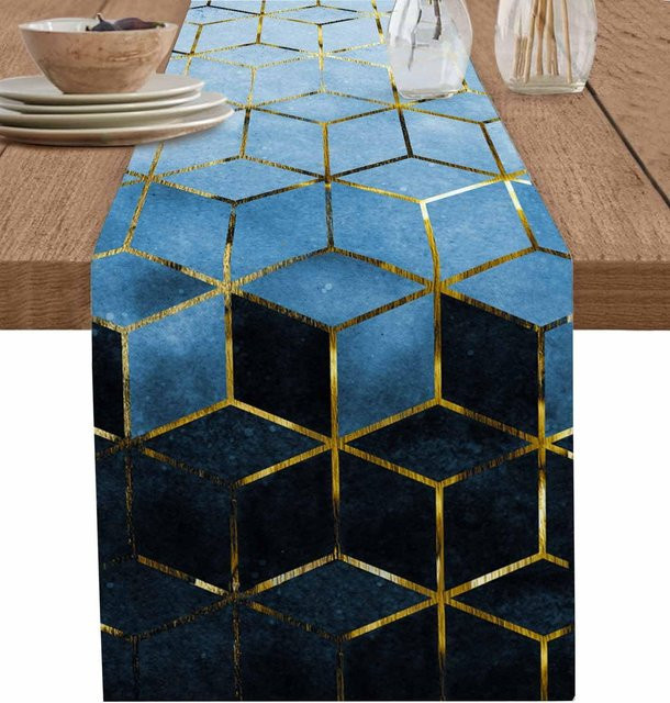Moderner Leinen Tischläufer von JMG Household Supplies mit abstraktem Marmor-Design in Blau, Schwarz und Gold, Breite: 150 cm, Tiefe: 33 cm - Bild 1