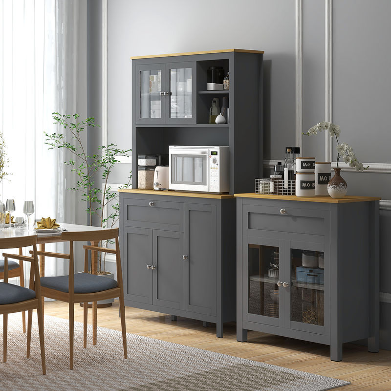 HOMCOM Küchenschrank Buffet im modernen Stil mit Glastüren und Schubladen, Grau, B: 100 cm, T: 40 cm, H: 180 cm - Bild 2