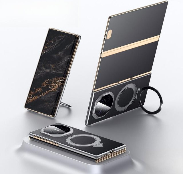 Huawei Mate XT Handyhülle mit dreifachem Magnetständer aus Leder in Schwarz - Bild 1