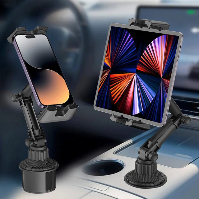 2-in-1 Universal-Getränkehalter und Tablet-Ständer mit langem Hals, 360 Grad drehbar, Schwarz - Bild 1