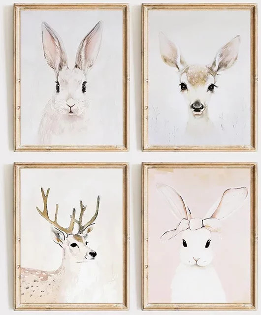 Potdemiel Leinwandgemälde im Vintage-Stil mit Tiermotiven Kaninchen Elefant und Hirsch als minimalistische Wandkunst für dein Wohnzimmer - Bild 1