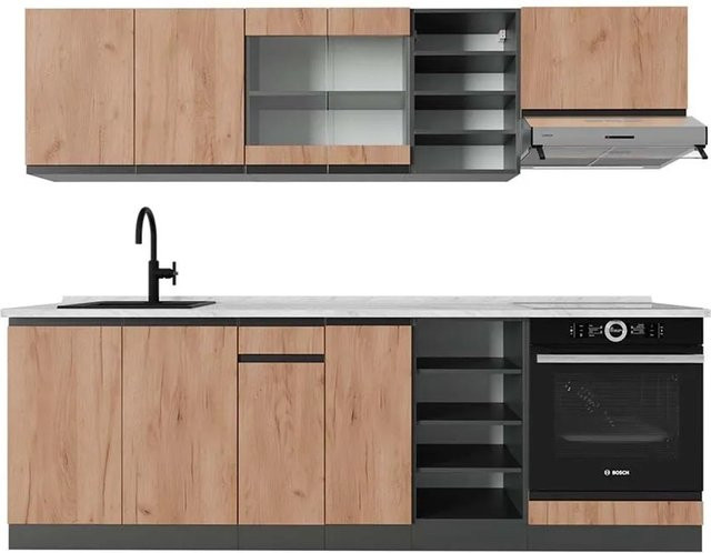 Vicco R-Line Küchenzeile Goldkraft Eiche Anthrazit mit Marmor-Optik, Breite: 240 cm - Bild 1
